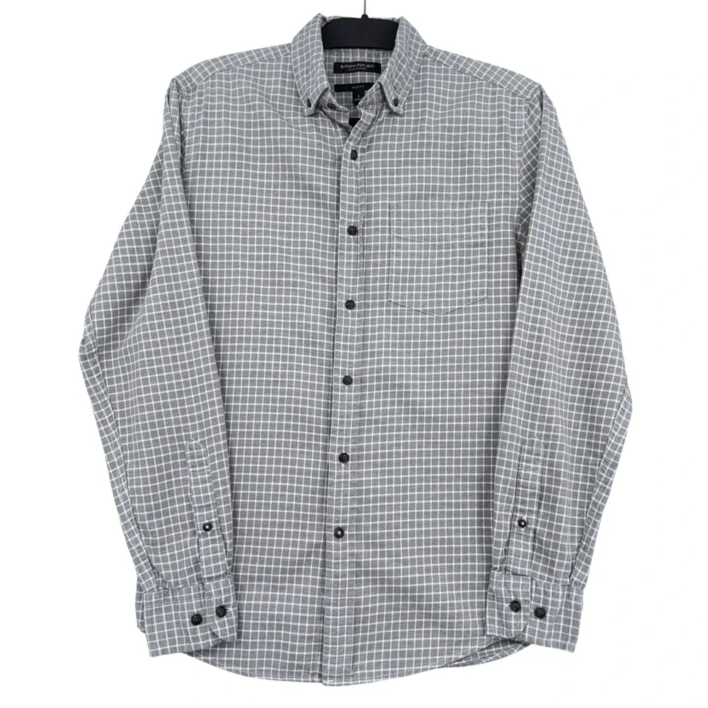 Banana Republic Luxe Flannel Men S Cotton Gray Grid Slim Fit Button Down Shirt